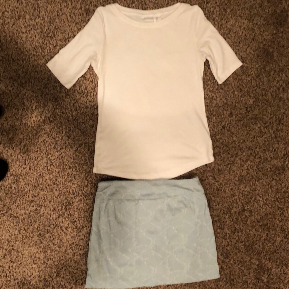 Light denim mini skort with white t-shirt